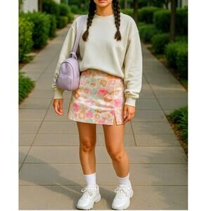 New Small‎ Pink Floral Mini Skirt Fitted Bodycon Slit High Rise Stretchy